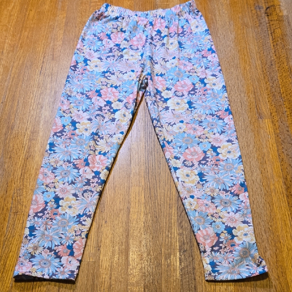 SHEIN Girls 7Y Pink Blue Floral Kids Elastic Waist Pull on Stretch Leggings